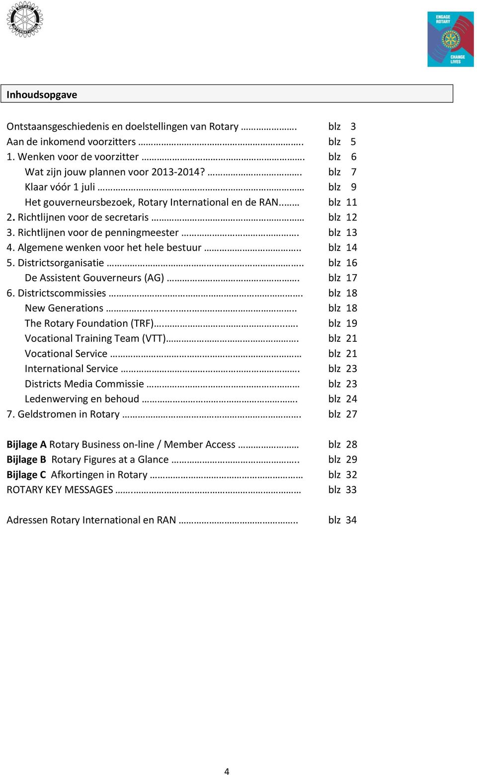 Algemene wenken voor het hele bestuur.. blz 14 5. Districtsorganisatie.. blz 16 De Assistent Gouverneurs (AG). blz 17 6. Districtscommissies. blz 18 New Generations.