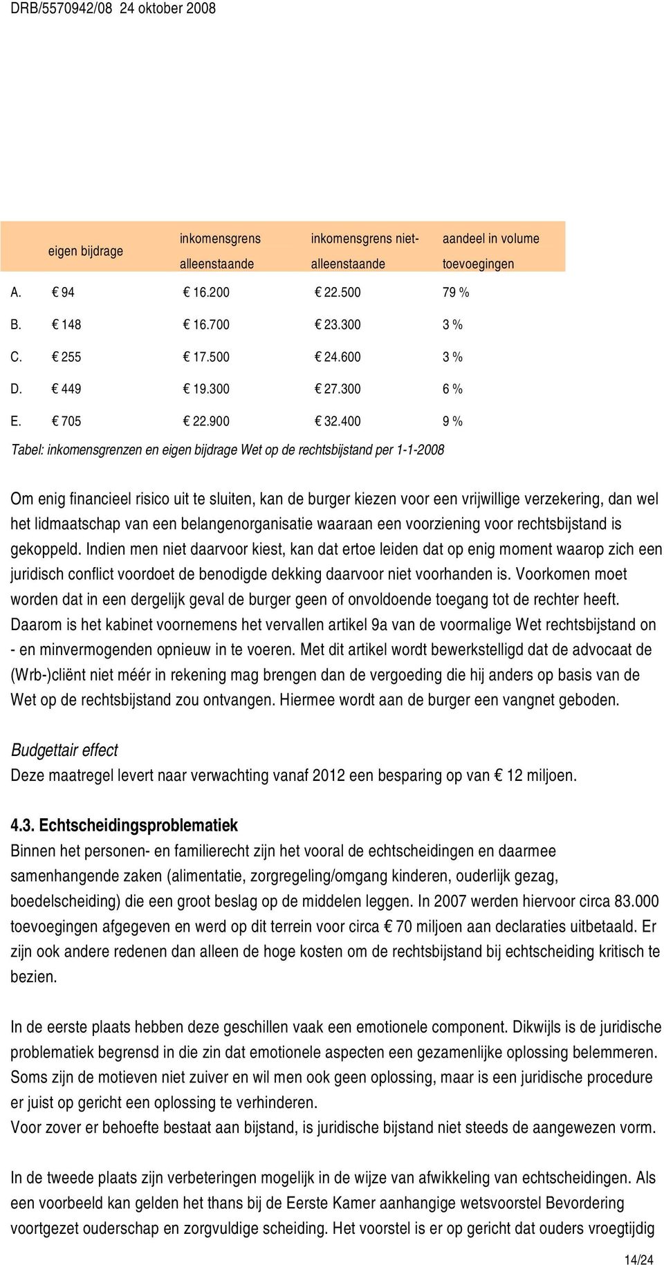 400 9 % Tabel: inkomensgrenzen en eigen bijdrage Wet op de rechtsbijstand per 1-1-2008 Om enig financieel risico uit te sluiten, kan de burger kiezen voor een vrijwillige verzekering, dan wel het