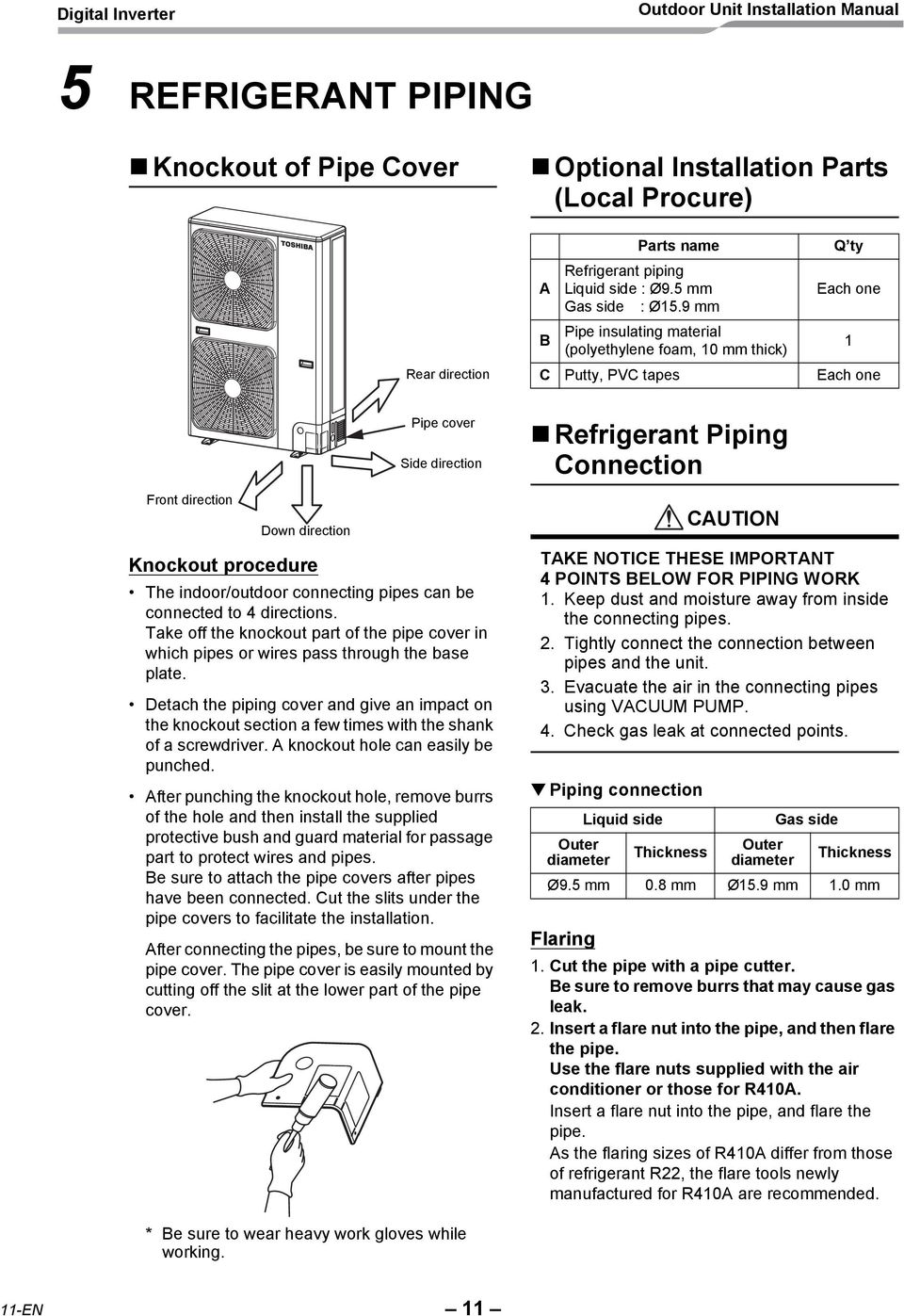 indoor/outdoor connecting pipes can be connected to 4 directions. Take off the knockout part of the pipe cover in which pipes or wires pass through the base plate.