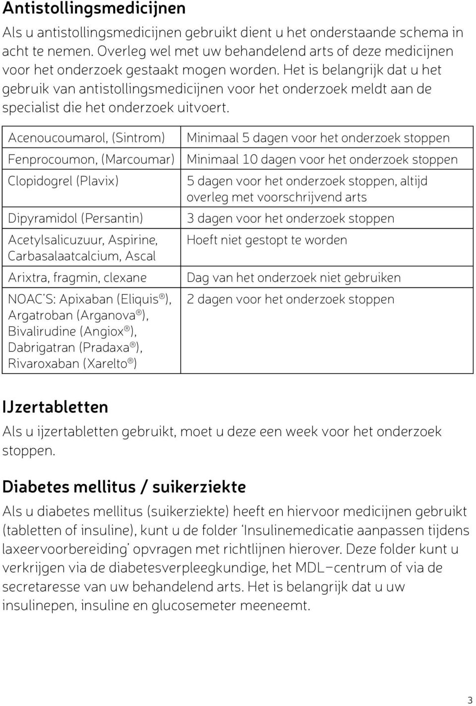 Het is belangrijk dat u het gebruik van antistollingsmedicijnen voor het onderzoek meldt aan de specialist die het onderzoek uitvoert.