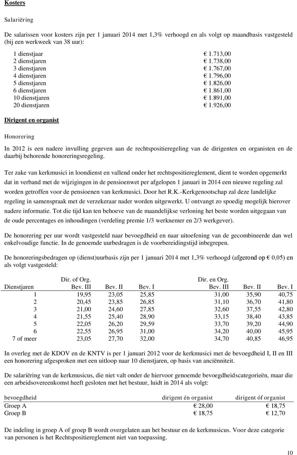 926,00 Dirigent en organist Honorering In 2012 is een nadere invulling gegeven aan de rechtspositieregeling van de dirigenten en organisten en de daarbij behorende honoreringsregeling.