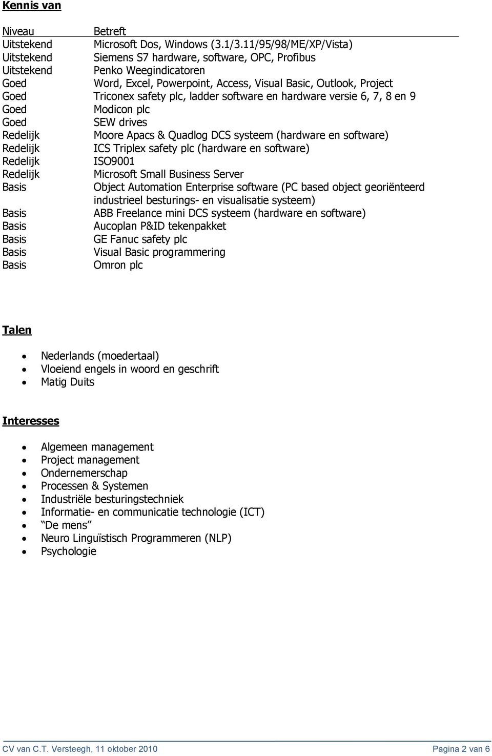 safety plc, ladder software en hardware versie 6, 7, 8 en 9 Goed Modicon plc Goed SEW drives Moore Apacs & Quadlog DCS systeem (hardware en software) ICS Triplex safety plc (hardware en software)