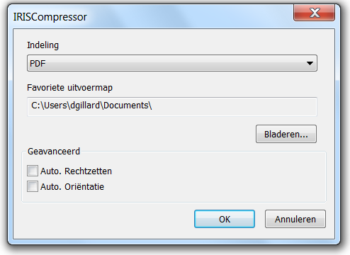 IRISCompressor gebruiken Klik op Comprimeer hier om het bestand op dezelfde locatie als het origineel te comprimeren. Uw bestanden worden standaard omgezet naar gecomprimeerde PDF-bestanden.
