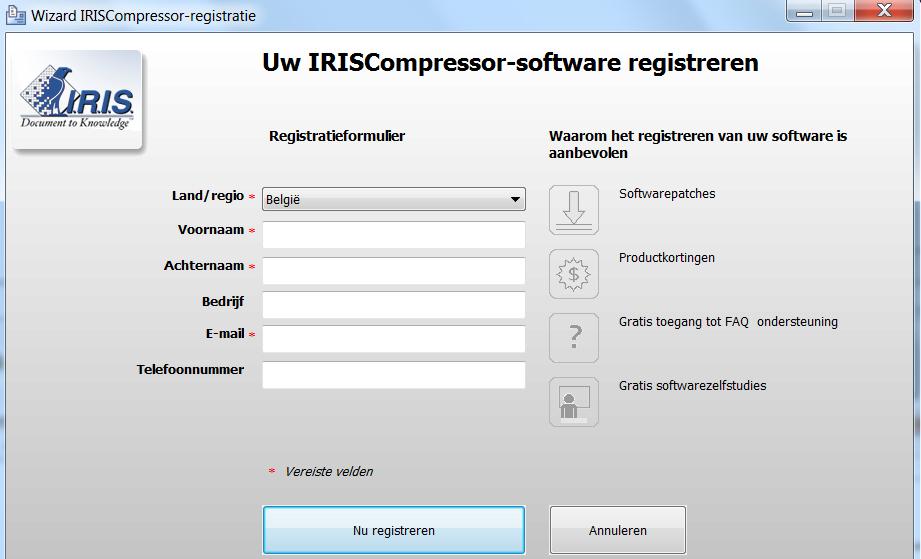REGISTRATIE Wanneer u IRISCompressor voor de eerste keer start, zal u worden gevraagd zich te registreren.