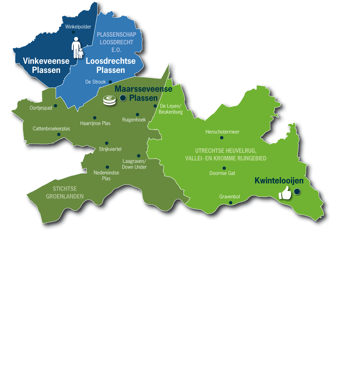 De onderzochte recreatieterreinen, in alfabetische volgorde, zijn: 1. Cattenbroekerplas 2. De Leyen/Beukenburg 3. De Strook 4. Doornse Gat 5. Gravenbol 6. Haarrijnse Plas 7. Henschotermeer 8.