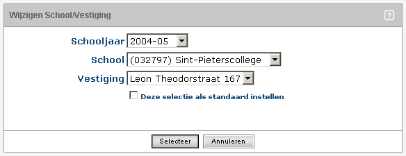 Deel 1: Algemeen 3 Startscherm leerlingen School/Vestiging/Schooljaar wijzigen Iedere gebruiker die inlogt, komt standaard in een vooraf bepaalde school/vestiging terecht.