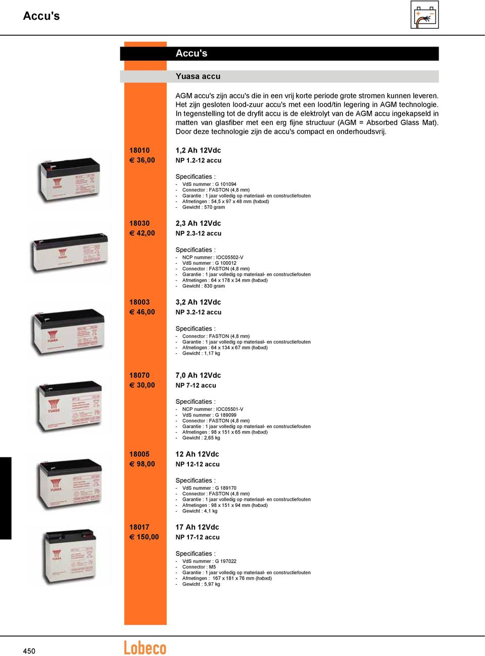 Door deze technologie zijn de accu's compact en onderhoudsvrij. 18010 1,2 Ah 12Vdc 36,00 NP 1.