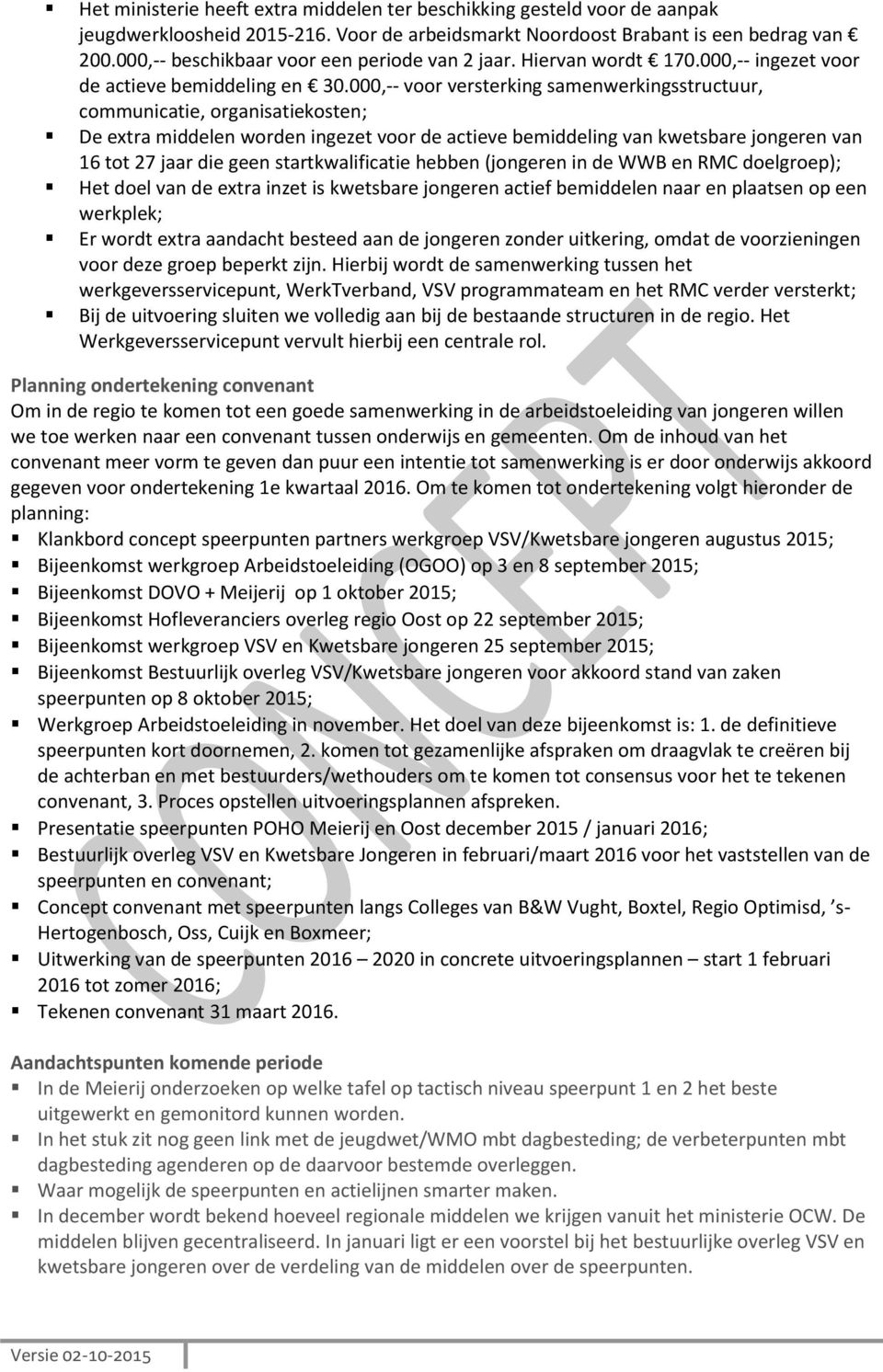 000,-- voor versterking samenwerkingsstructuur, communicatie, organisatiekosten; De extra middelen worden ingezet voor de actieve bemiddeling van kwetsbare jongeren van 16 tot 27 jaar die geen