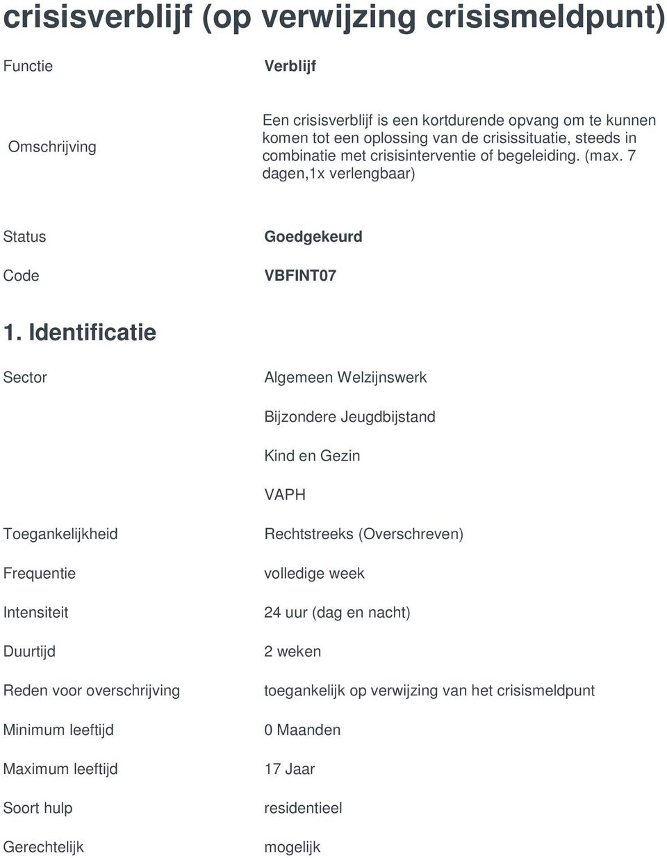 Identificatie Sector Algemeen Welzijnswerk Bijzondere Jeugdbijstand Kind en Gezin VAPH Toegankelijkheid Frequentie Intensiteit Duurtijd Reden voor overschrijving Minimum