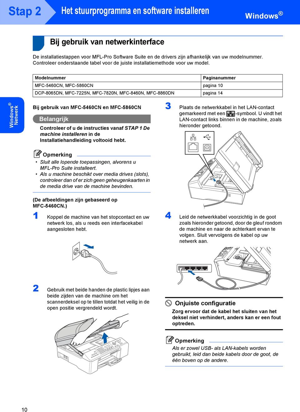 Modelnummer Paginanummer MFC-5460CN, MFC-5860CN pagina 10 DCP-8065DN, MFC-7225N, MFC-7820N, MFC-8460N, MFC-8860DN pagina 14 Netwerk Bij gebruik van MFC-5460CN en MFC-5860CN Belangrijk Controleer of u