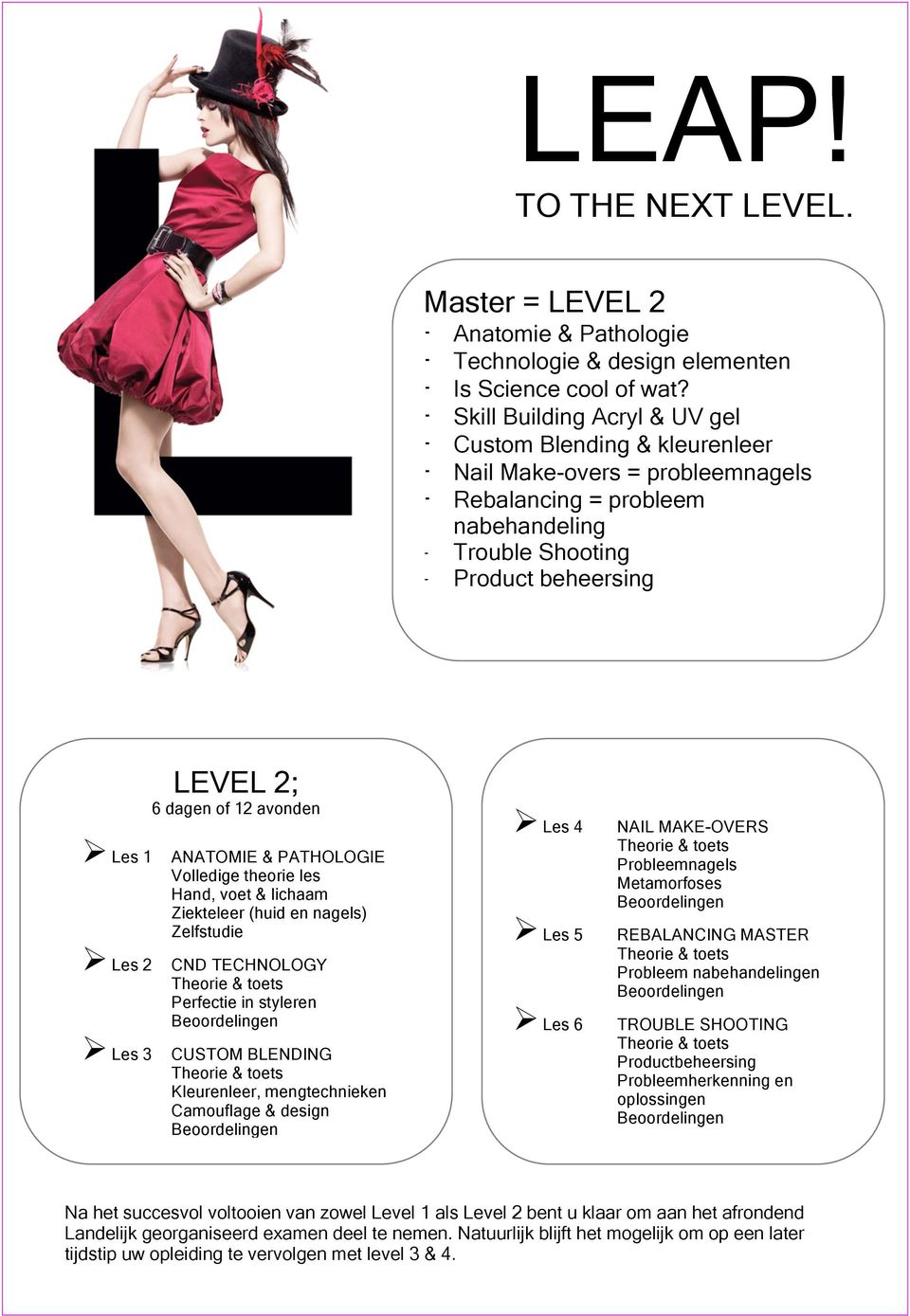 12 avonden! Les 1 ANATOMIE & PATHOLOGIE Volledige theorie les Hand, voet & lichaam Ziekteleer (huid en nagels) Zelfstudie! Les 2 CND TECHNOLOGY Perfectie in styleren!