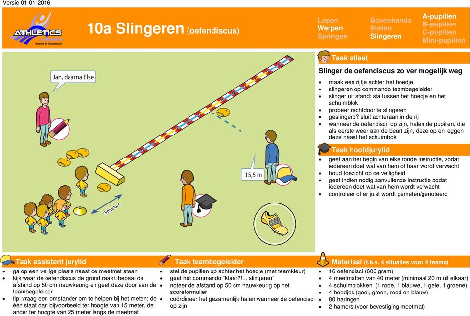 sluit achteraan in de rij wanneer de oefendisci op zijn, halen de pupillen, die als eerste weer aan de beurt zijn, deze op en leggen deze naast het schuimbok houd toezicht op de veiligheid geef