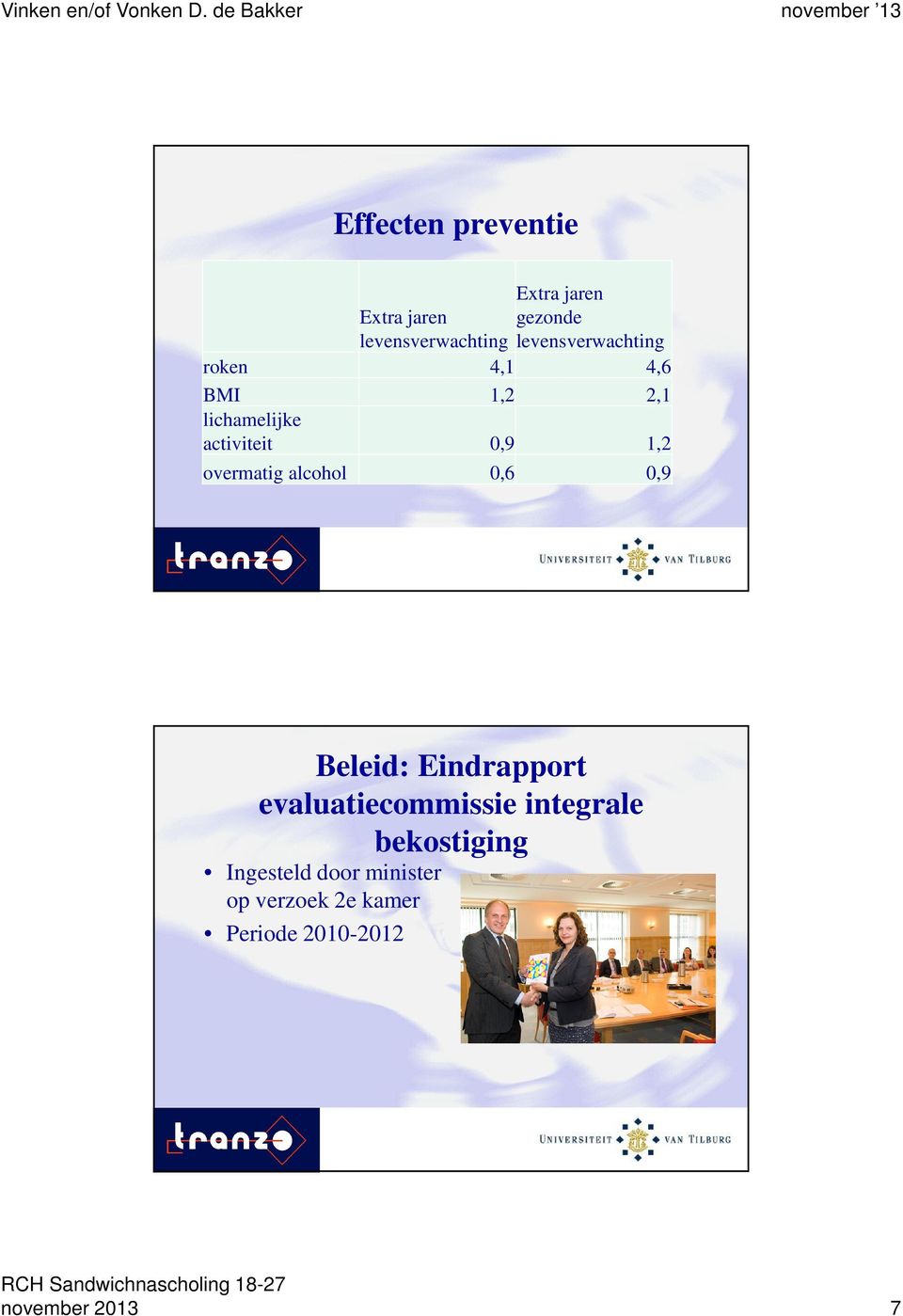 overmatig alcohol 0,6 0,9 Beleid: Eindrapport evaluatiecommissie integrale