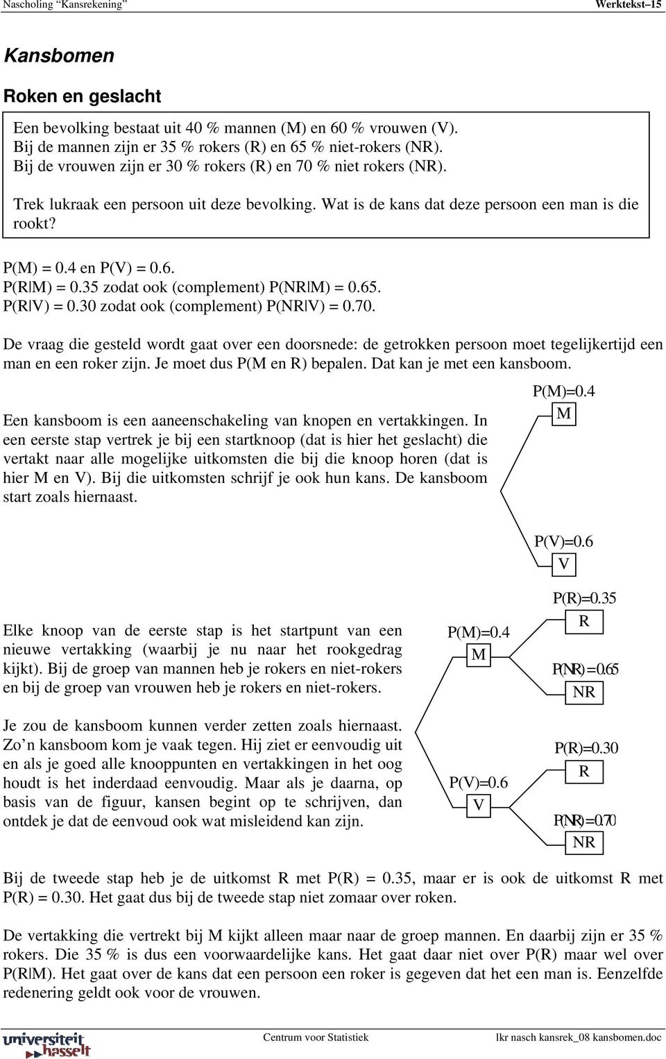 P(R M) = 0.35 zodat ook (complement) P(NR M) = 0.65. P(R V) = 0.30 zodat ook (complement) P(NR V) = 0.70.