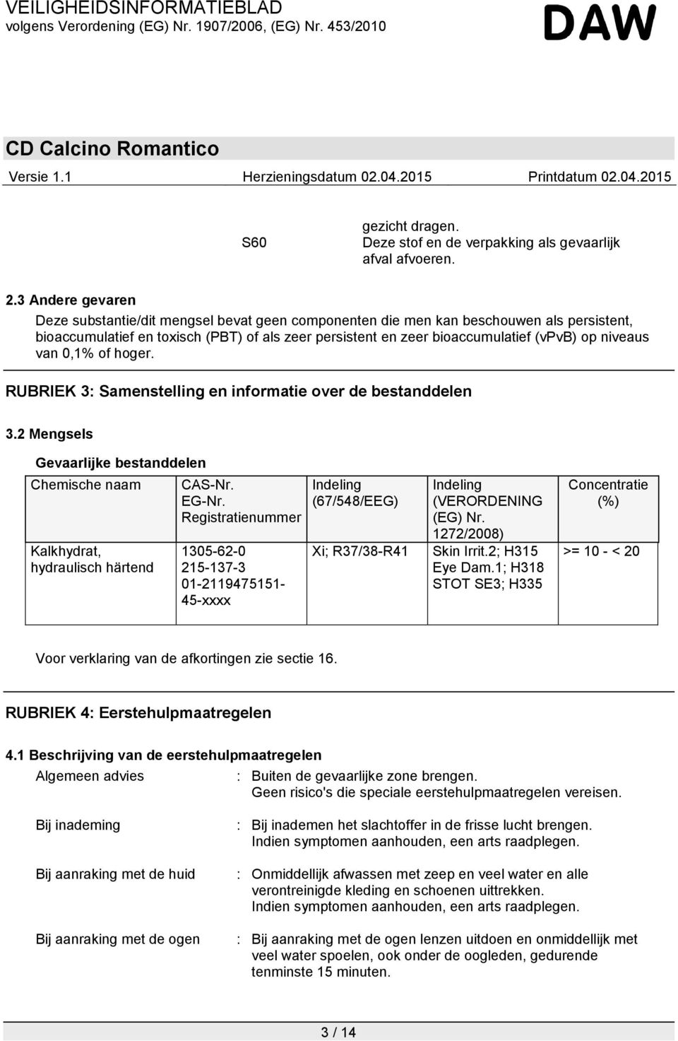 niveaus van 0,1% of hoger. RUBRIEK 3: Samenstelling en informatie over de bestanddelen 3.2 Mengsels Gevaarlijke bestanddelen Chemische naam Kalkhydrat, hydraulisch härtend CAS-Nr. EG-Nr.