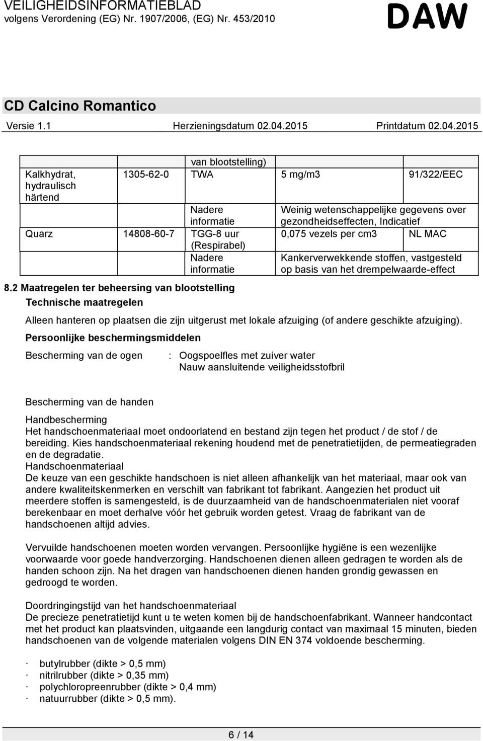 vastgesteld op basis van het drempelwaarde-effect Alleen hanteren op plaatsen die zijn uitgerust met lokale afzuiging (of andere geschikte afzuiging).