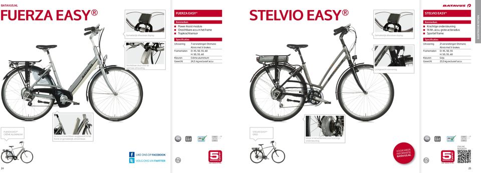 24 Uitvoering 7 versnellingen Shimano Alivio met V-brakes Framematen D: 45, 50, 55, 60 H: 50, 55, 60 Kleuren Crème aluminium 24,5 kg eclusief accu Uitvoering 21 versnellingen Shimano Alivio met