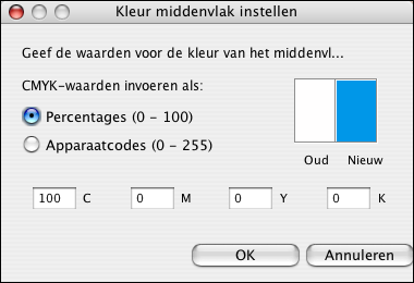 SPOT-ON 77 3 Klik in het middenvlak. Het dialoogvenster Kleur middenvlak instellen wordt weergegeven. 4 Typ waarden voor elk kleurkanaal C, M, Y en K.