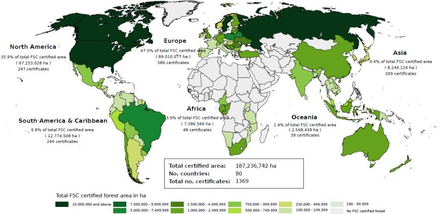 Globaal FSC gecertifieerd oppervlakte Globaal totaal Chain of Custody certificaten: 29 764 Totaal gecertifieerd: