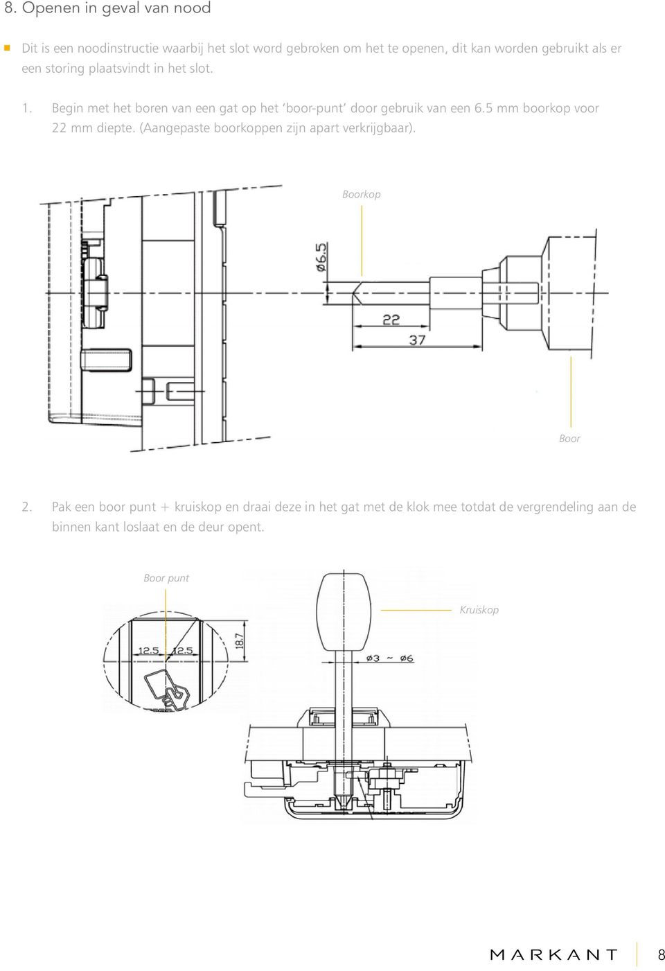 Begin met het boren van een gat op het boor-punt door gebruik van een 6.5 mm boorkop voor 22 mm diepte.