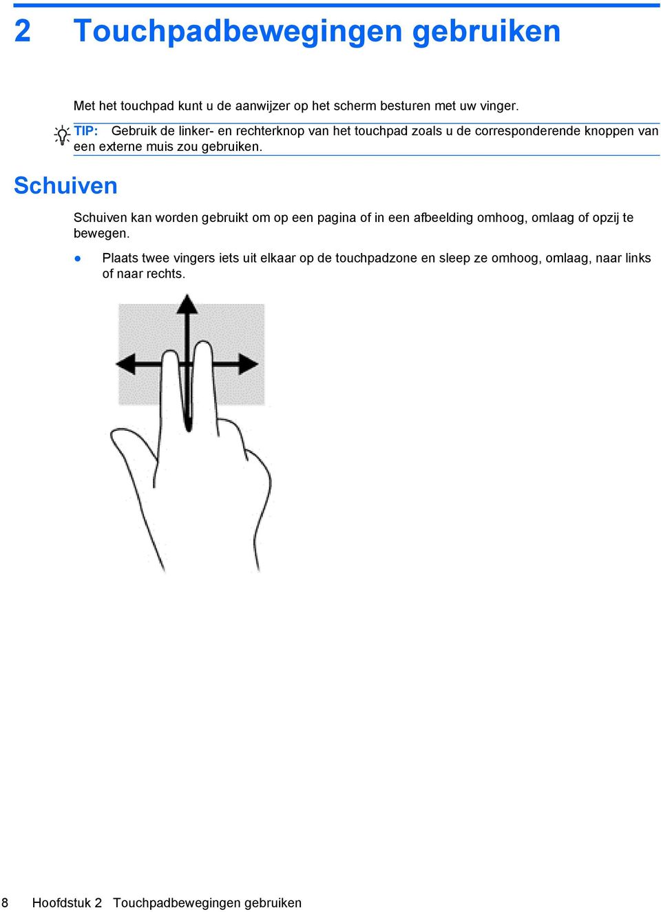 gebruiken. Schuiven kan worden gebruikt om op een pagina of in een afbeelding omhoog, omlaag of opzij te bewegen.