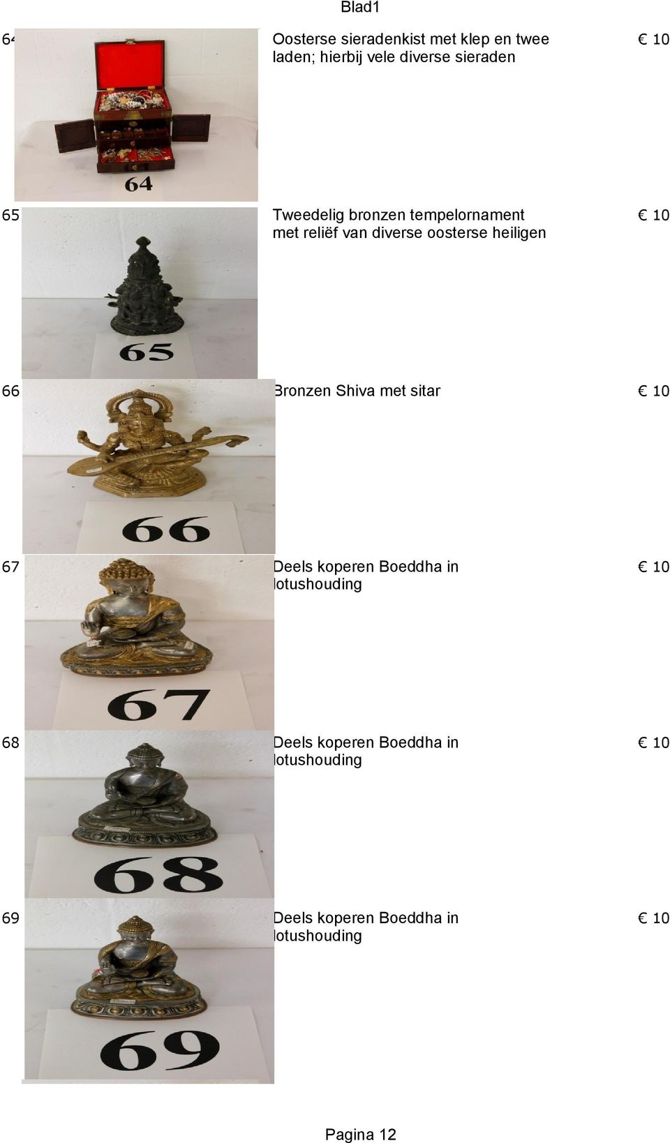 66 Bronzen Shiva met sitar 67 Deels koperen Boeddha in lotushouding 68 Deels