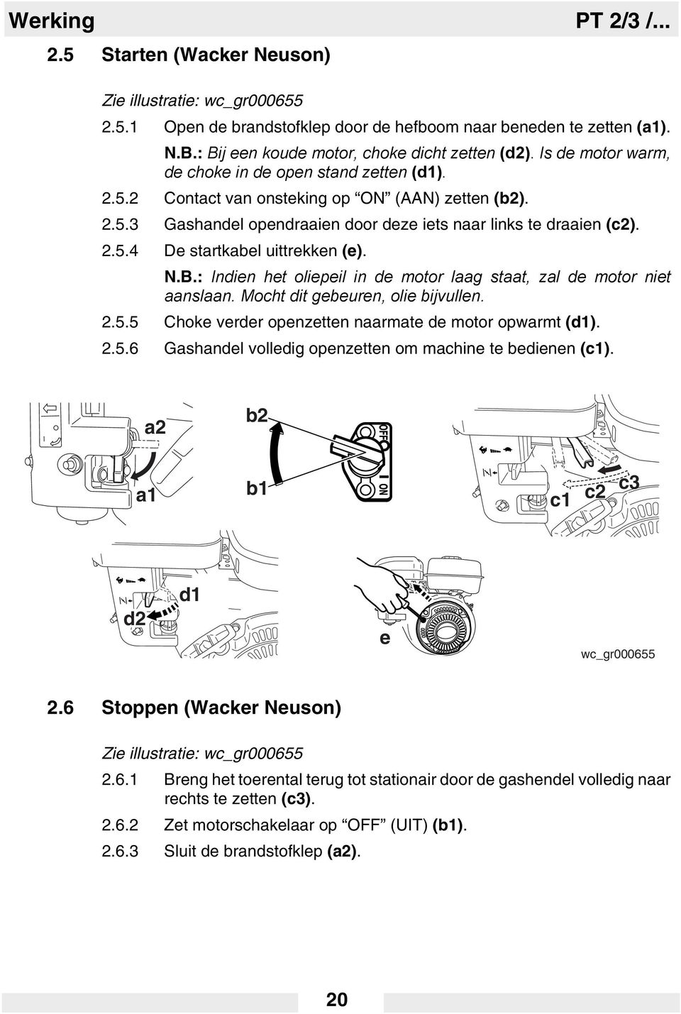 2.5.4 De startkabel uittrekken (e). N.B.: Indien het oliepeil in de motor laag staat, zal de motor niet aanslaan. Mocht dit gebeuren, olie bijvullen. 2.5.5 Choke verder openzetten naarmate de motor opwarmt (d1).