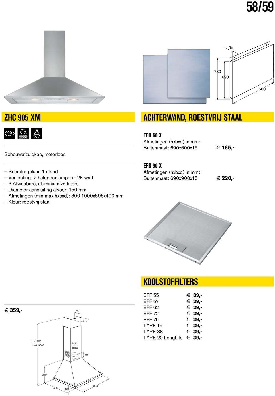 STAAL EFB 60 X Afmetingen (hxbxd) in mm: Buitenmaat: 690x600x15 165,- EFB 90 X Afmetingen (hxbxd) in mm: Buitenmaat: 690x900x15