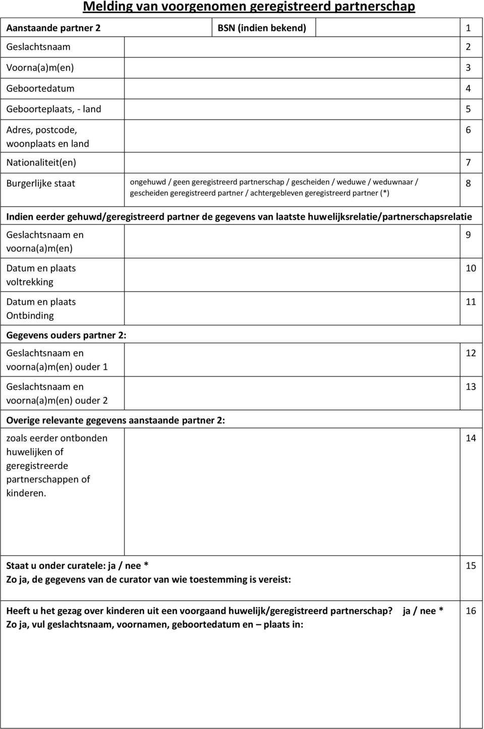 laatste huwelijksrelatie/partnerschapsrelatie voltrekking Ontbinding Gegevens ouders partner 2: ouder 1 ouder 2 Overige relevante gegevens aanstaande partner 2: zoals eerder ontbonden huwelijken of