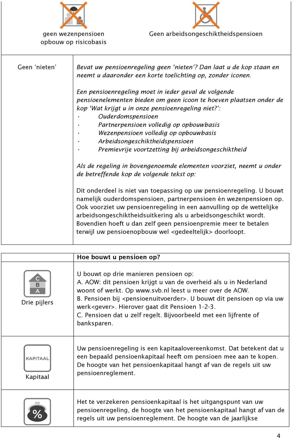 Een pensioenregeling moet in ieder geval de volgende pensioenelementen bieden om geen icoon te hoeven plaatsen onder de kop Wat krijgt u in onze pensioenregeling niet?