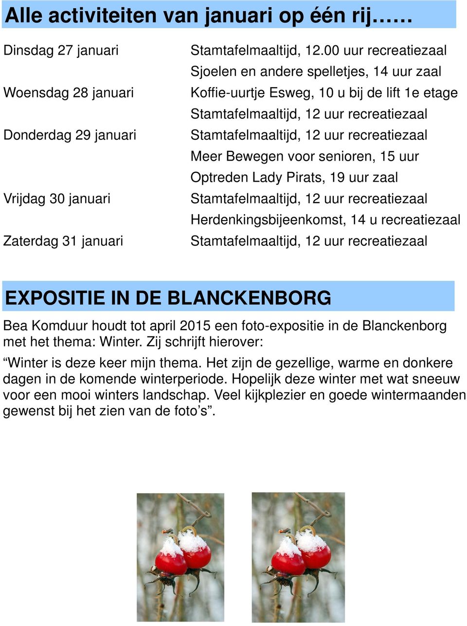 Herdenkingsbijeenkomst, 14 u recreatiezaal EXPOSITIE IN DE BLANCKENBORG Bea Komduur houdt tot april 2015 een foto-expositie in de Blanckenborg met het thema: Winter.