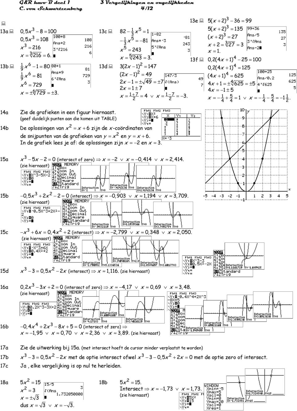 (geef duidelijk punten aan die komen uit TABLE) De oplossingen van x + zijn de x -coördinaten van de snijpunten van de grafieken van y = x en y = x +. In de grafiek lees je af: de oplossingen zijn en.