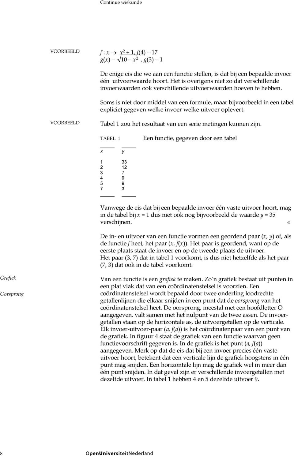 Soms is niet door middel van een formule, maar bijvoorbeeld in een tabel expliciet gegeven welke invoer welke uitvoer oplevert. VOORBEELD Tabel 1 zou het resultaat van een serie metingen kunnen zijn.