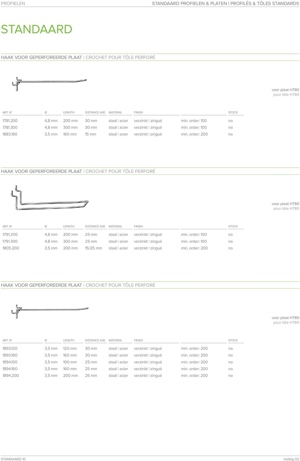 160 3,5 mm 160 mm 15 mm staal acier verzinkt zingué min. order: 200 no HAAK VOOR GEPERFOREERDE PLAAT CROCHET POUR TÔLE PERFORÉ voor plaat HT80 pour tôle HT80 ART.