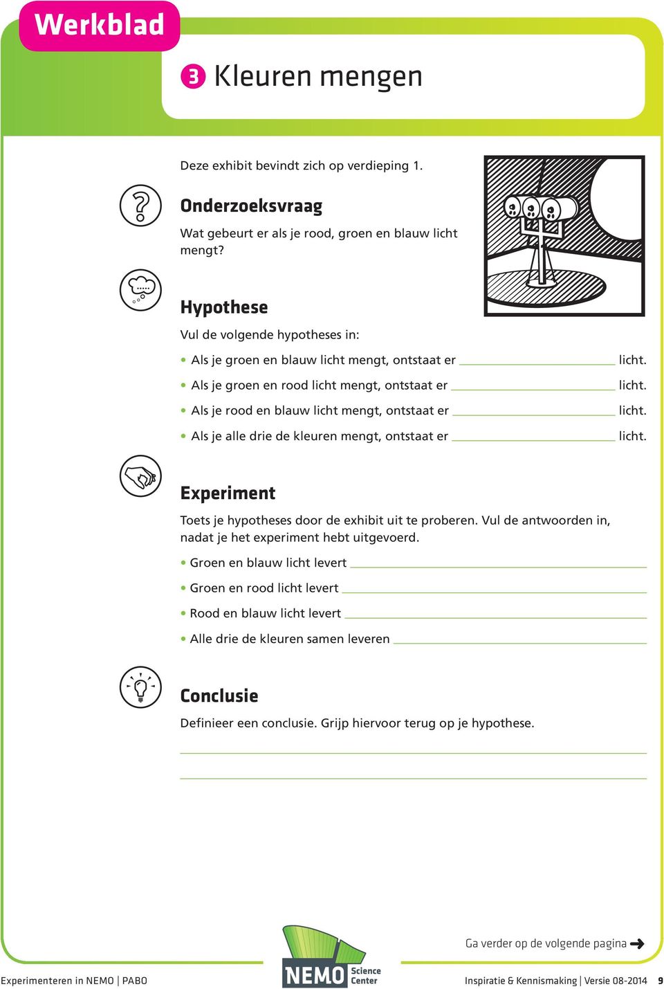 kleuren mengt, ontstaat er licht. licht. licht. licht. Experiment Toets je hypotheses door de exhibit uit te proberen. Vul de antwoorden in, nadat je het experiment hebt uitgevoerd.