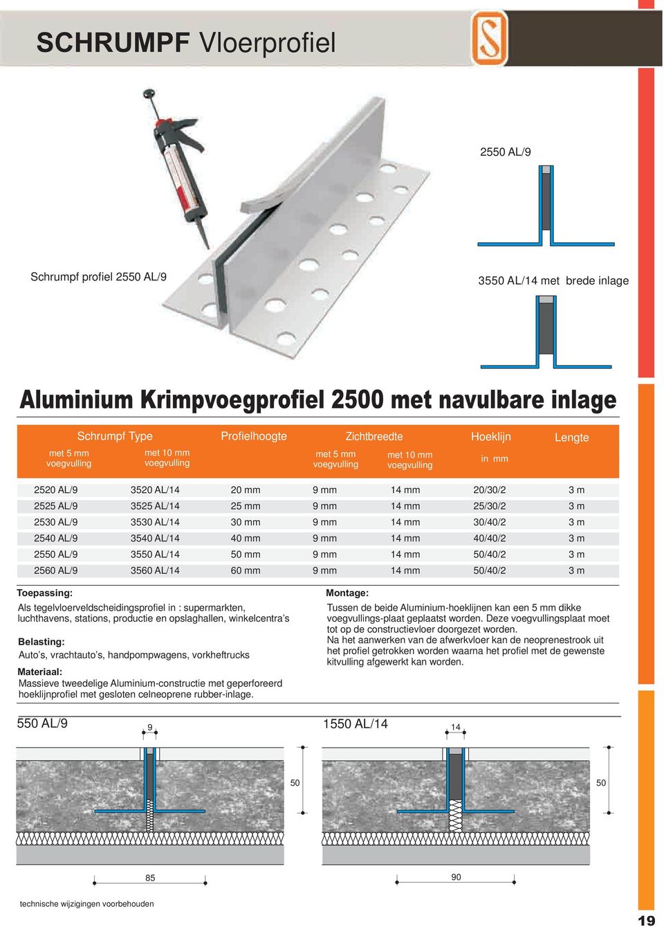 mm 9 mm 14 mm 40/40/2 mm 60 mm 9 mm 9 mm 14 mm 14 mm /40/2 /40/2 Massieve tweedelige Aluminium-constructie met geperforeerd hoeklijnprofiel met gesloten celneoprene rubber-inlage.