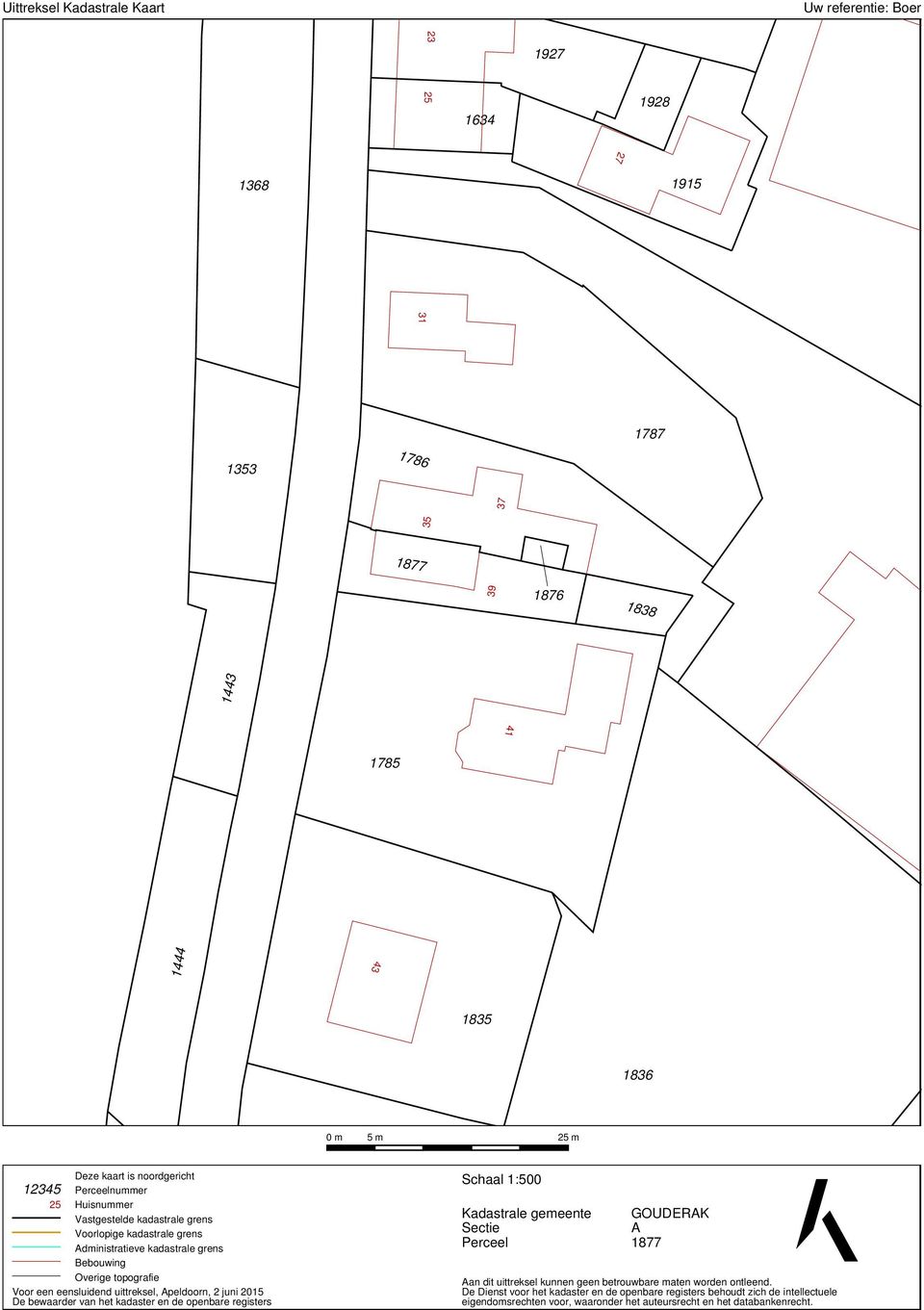 eensluidend uittreksel, Apeldoorn, 2 juni 2015 De bewaarder van het kadaster en de openbare registers Schaal 1:500 Kadastrale gemeente Sectie Perceel GOUDERAK A 1877 Aan dit uittreksel