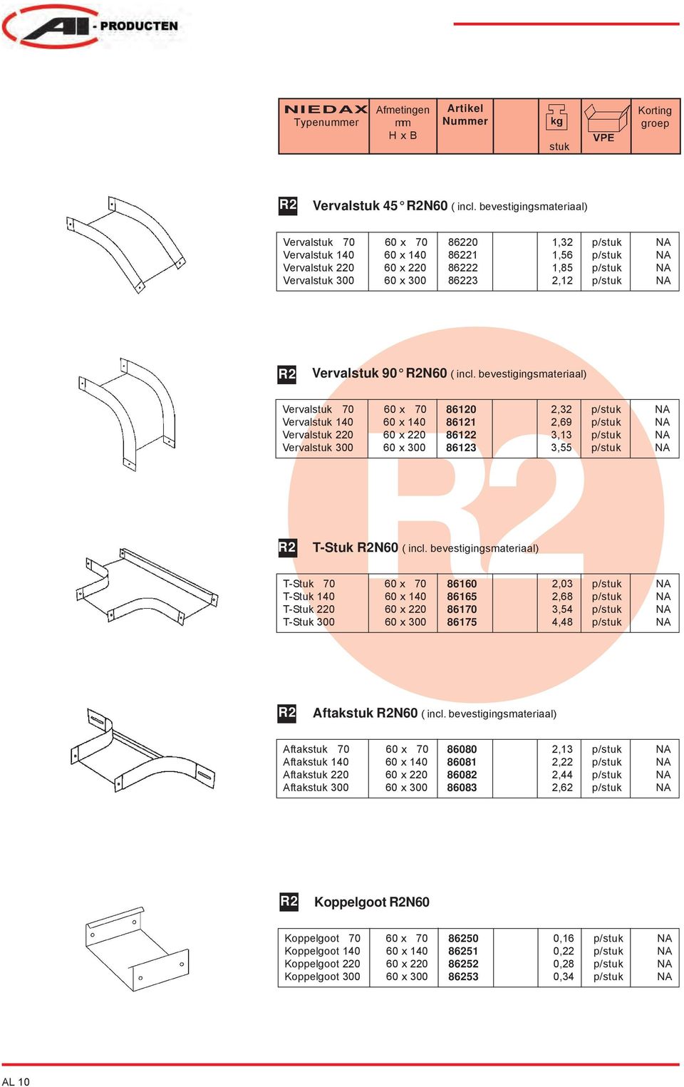 bevestigingsmateriaal) T-Stuk 70 60 x 70 86160 2,03 p/ NA erval 70 60 x 70 86120 2,32 p/ NA erval 140 60 x 140 86121 2,69 p/ NA erval 220 60 x 220 86122 3,13 p/ NA erval 300 60 x 300 86123 3,55 p/ NA