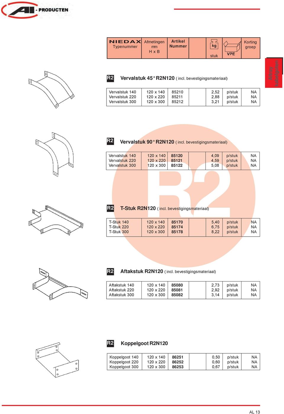 bevestigingsmateriaal) erval 140 120 x 140 85120 4,09 p/ NA erval 220 120 x 220 85121 4,59 p/ NA erval 300 120 x 300 85122 5,08 p/ NA T-Stuk N120 ( incl.