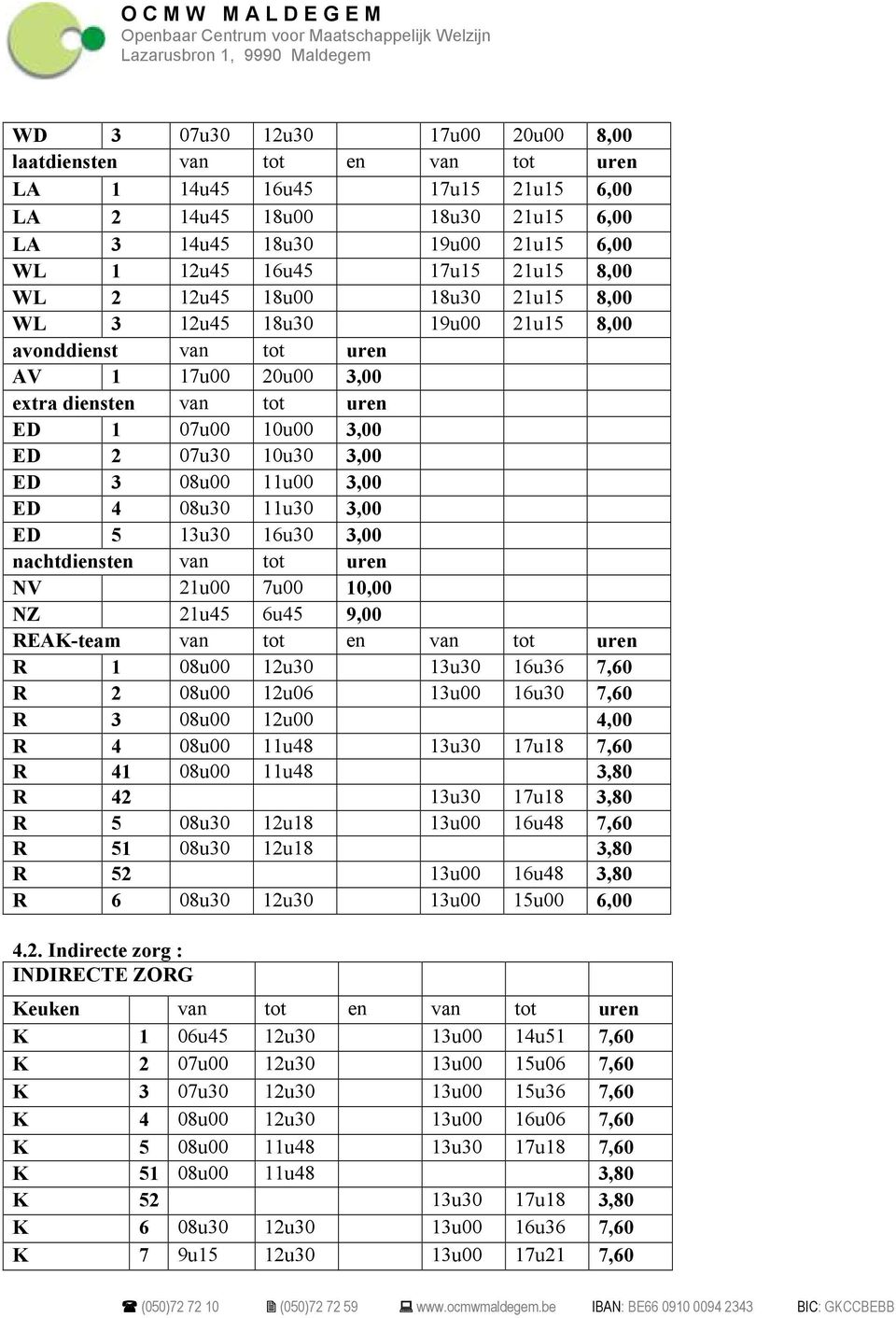 ED 3 08u00 11u00 3,00 ED 4 08u30 11u30 3,00 ED 5 13u30 16u30 3,00 nachtdiensten van tot uren NV 21u00 7u00 10,00 NZ 21u45 6u45 9,00 REAK-team van tot en van tot uren R 1 08u00 12u30 13u30 16u36 7,60