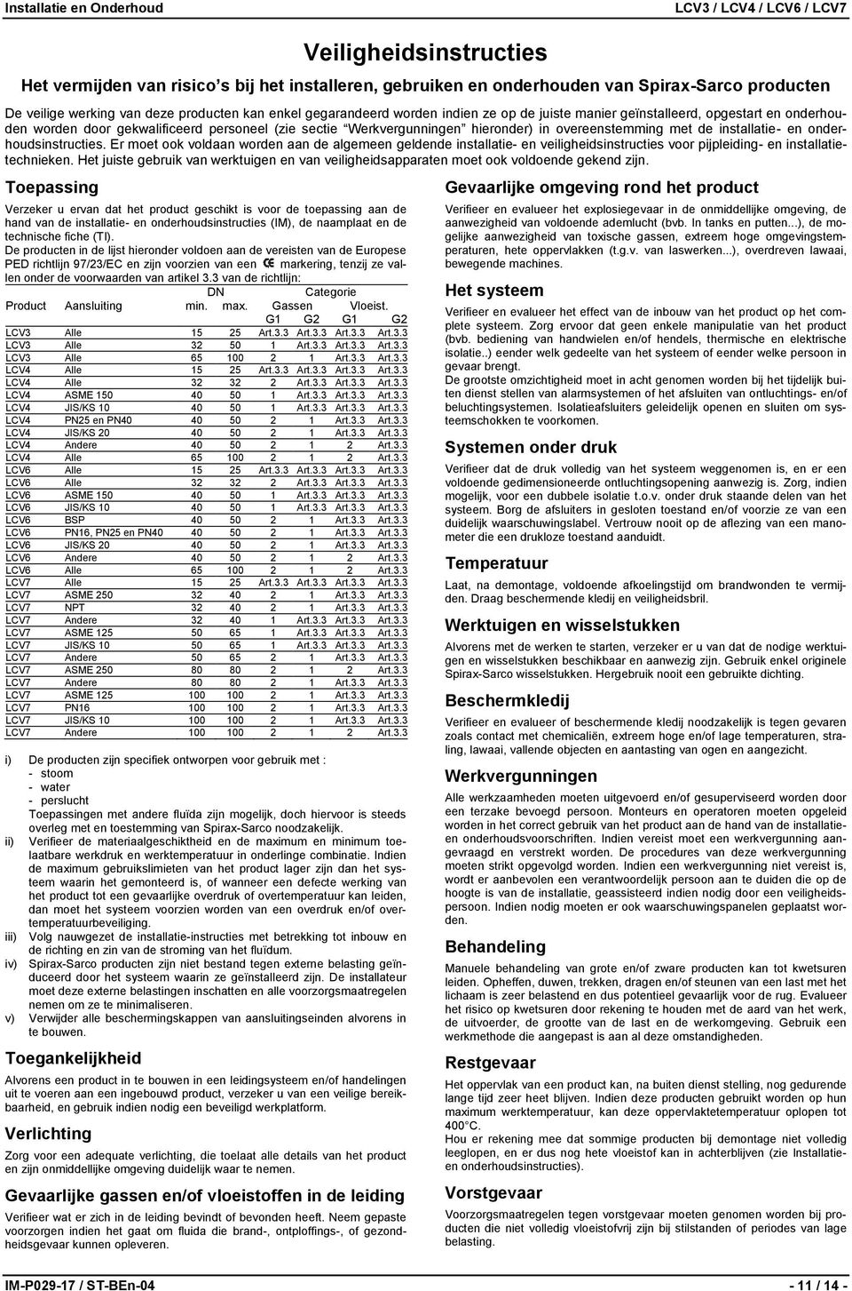 overeenstemming met de installatie- en onderhoudsinstructies. Er moet ook voldaan worden aan de algemeen geldende installatie- en veiligheidsinstructies voor pijpleiding- en installatietechnieken.