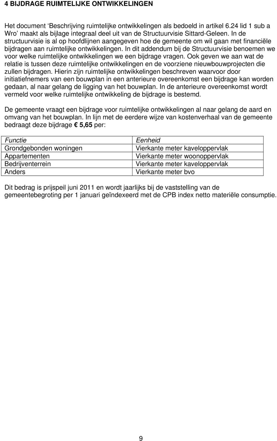 In de structuurvisie is al op hoofdlijnen aangegeven hoe de gemeente om wil gaan met financiële bijdragen aan ruimtelijke ontwikkelingen.