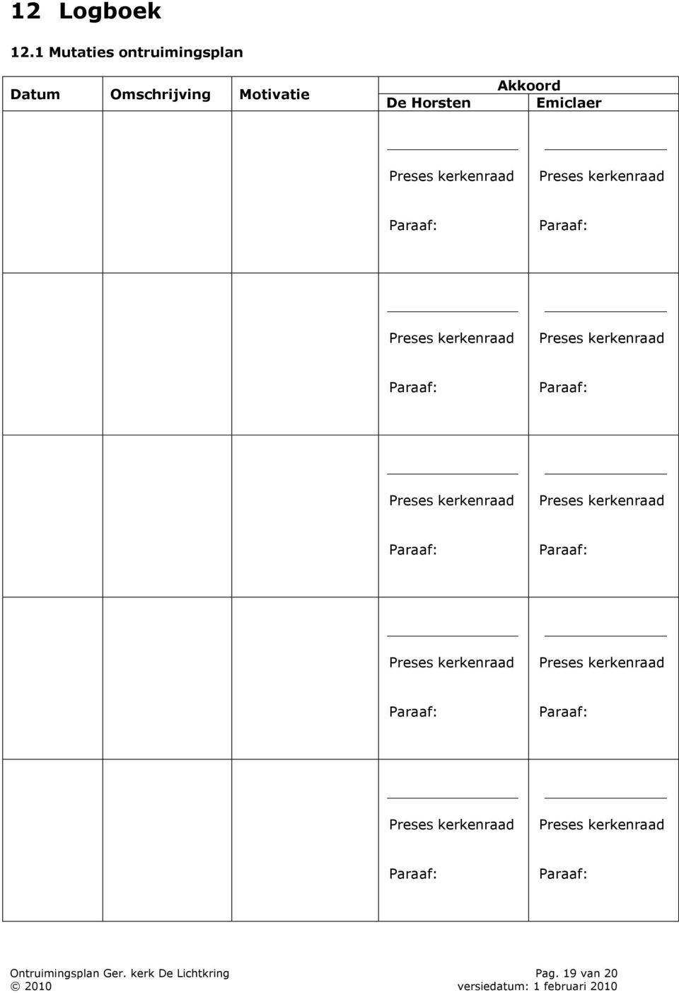 Preses kerkenraad Paraaf: Paraaf: Preses kerkenraad Preses kerkenraad Paraaf: Paraaf: Preses