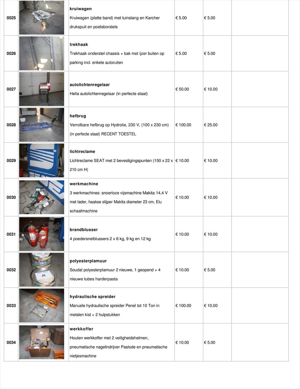 00 0028 hefbrug Verrolbare hefbrug op Hydrolie, 230 V, (100 x 230 cm) (in perfecte staat) RECENT TOESTEL 0029 lichtreclame Lichtreclame SEAT met 2 bevestigingspunten (150 x 22 x 210 cm H) 0030
