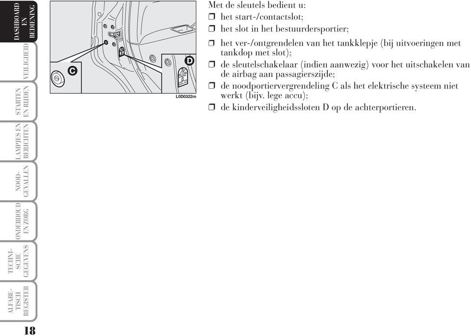 aanwezig) voor het uitschakelen van de airbag aan passagierszijde; de noodportiervergrendeling C als het