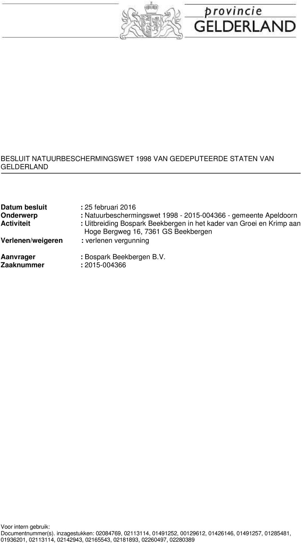 Beekbergen Verlenen/weigeren : verlenen vergunning Aanvrager : Bospark Beekbergen B.V. Zaaknummer : 2015-004366 Voor intern gebruik: Documentnummer(s).