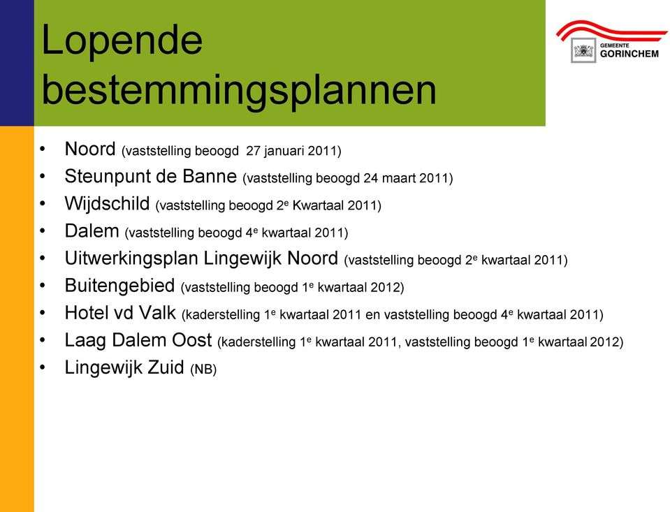 beoogd 2 e kwartaal 2011) Buitengebied (vaststelling beoogd 1 e kwartaal 2012) Hotel vd Valk (kaderstelling 1 e kwartaal 2011 en