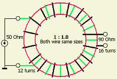 Een 4C65 ringkern type TL102/66/15 van ongeveer 102 mm doorsnede is groot genoeg om een balun volgens de linker tekening te maken.