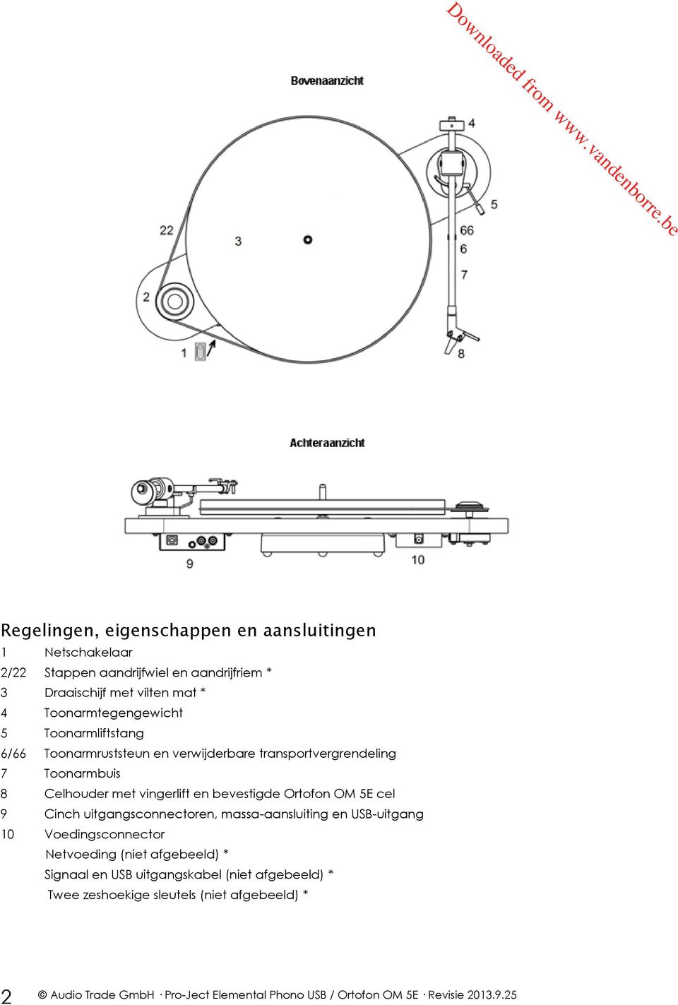 Celhouder met vingerlift en bevestigde Ortofon OM 5E cel 9 Cinch uitgangsconnectoren, massa-aansluiting en USB-uitgang 10