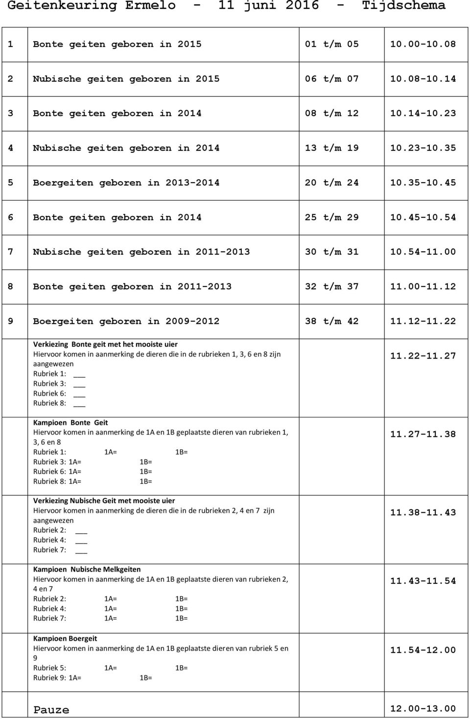 45 6 Bonte geiten geboren in 2014 25 t/m 29 10.45-10.54 7 Nubische geiten geboren in 2011-2013 30 t/m 31 10.54-11.00 8 Bonte geiten geboren in 2011-2013 32 t/m 37 11.00-11.